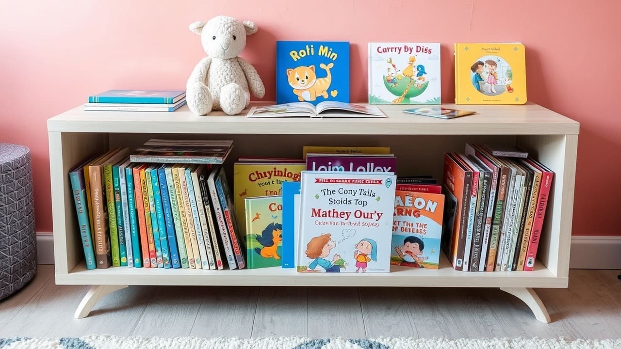 Una estantería baja llena de libros infantiles coloridos y un peluche encima
