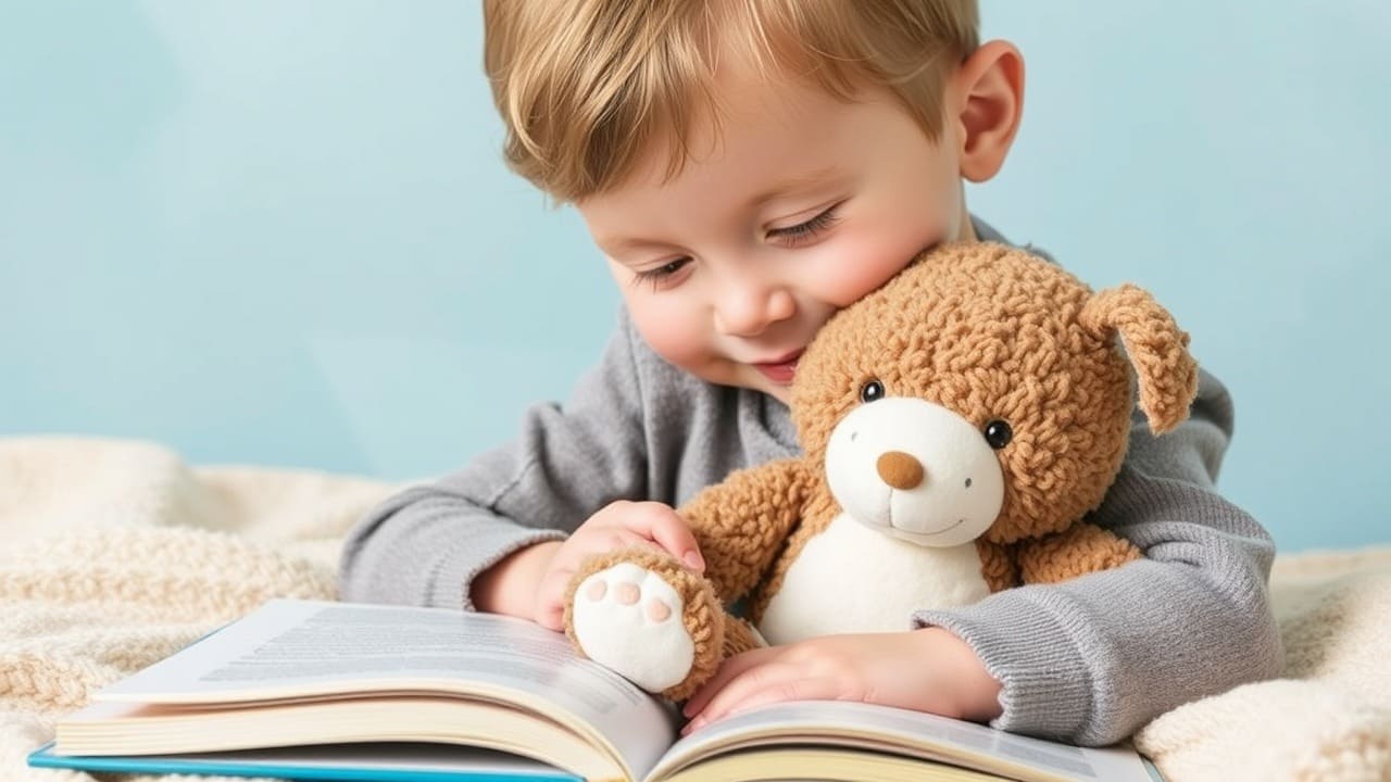 Un niño abrazando un peluche mientras mira una página del libro