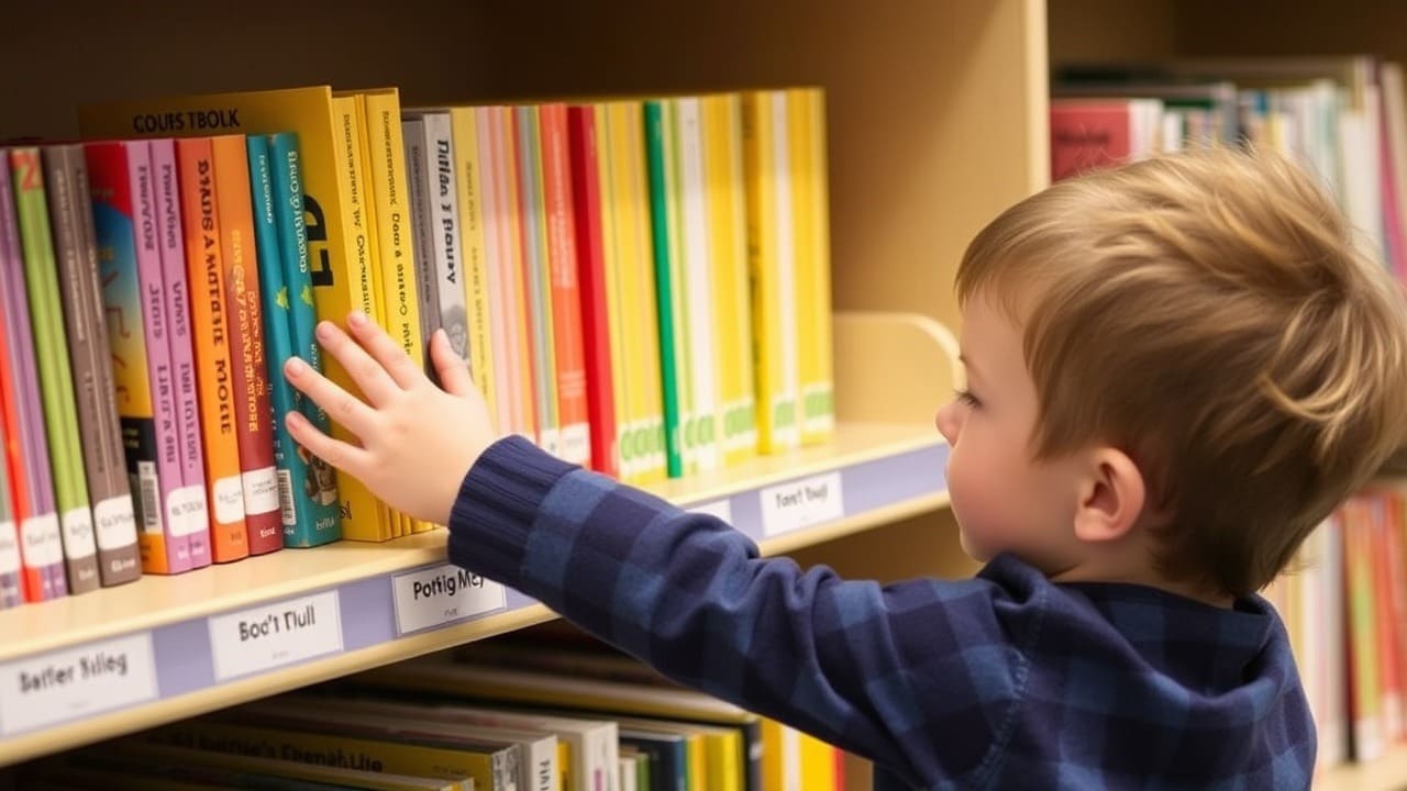 Un niño colocando libros ordenados en una estantería con etiquetas