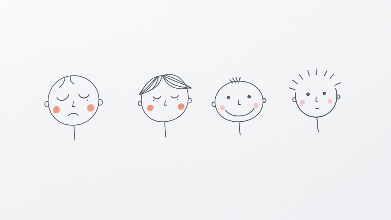 Una fila de dibujos simples en papel muestra a un personaje sintiéndose triste y luego feliz