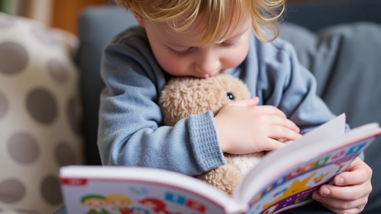 Un niño abraza un peluche mientras mira un libro.