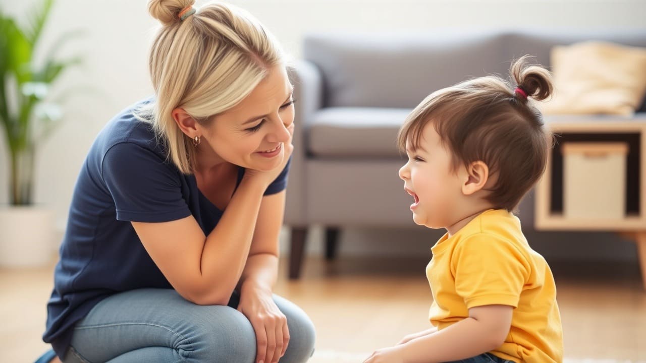 Un adulto tranquilo arrodillado para hablar a la altura de los ojos con un niño que llora