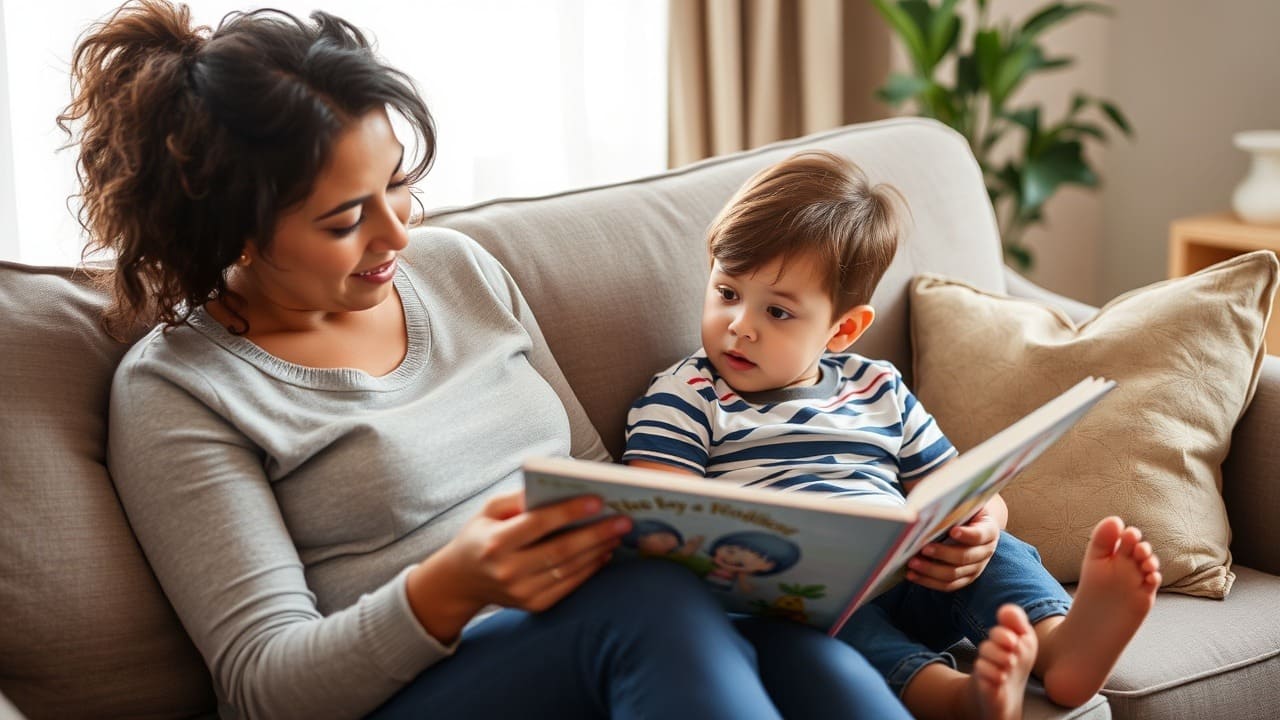 Una madre se sienta en el sofá leyendo un libro de imágenes a un niño curioso