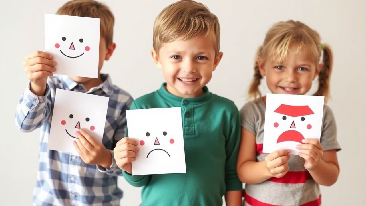 Tres niños sostienen tarjetas con caras simples que muestran feliz, triste y enojado