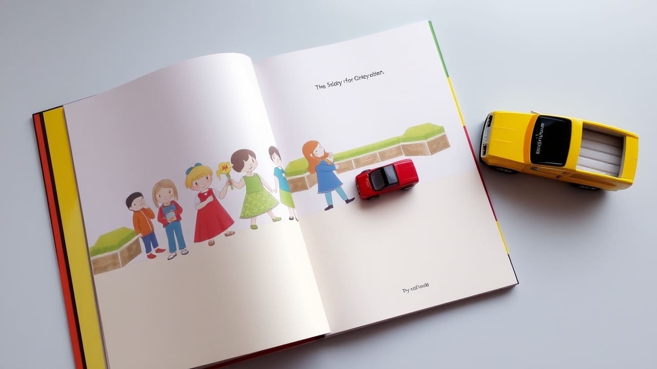 Un libro abierto muestra personajes coloridos y un pequeño coche de juguete sobre la página