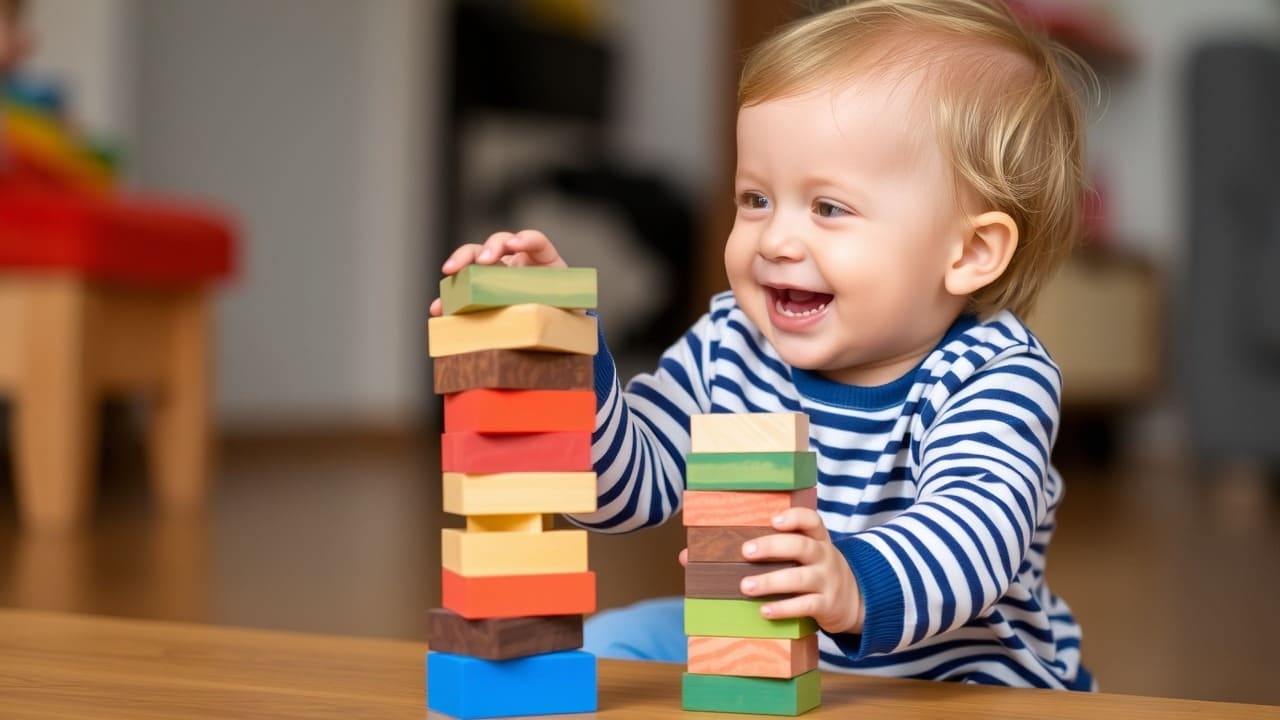 Un niño pequeño apilando bloques y sonriendo a su torre.