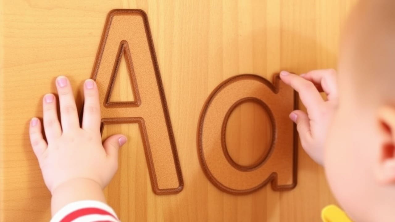 Un niño pequeño traza una letra grande grabada en una tabla de madera con el dedo.