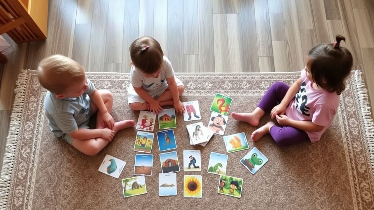 Niños sentados en una alfombra con tarjetas de imágenes coloridas extendidas