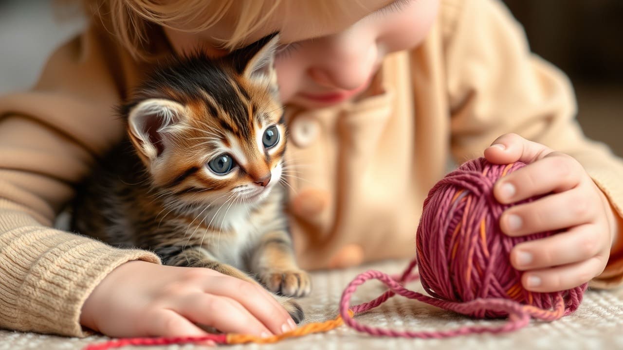 Un niño tocando suavemente a un gatito juguetón junto a una bola de lana