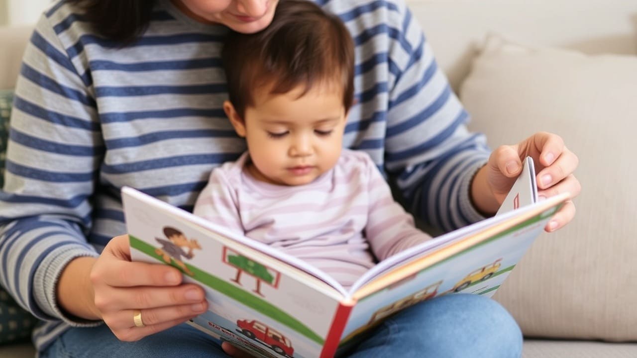 Un niño se sienta en el regazo de un adulto mientras el adulto lee en voz alta un libro con ilustraciones