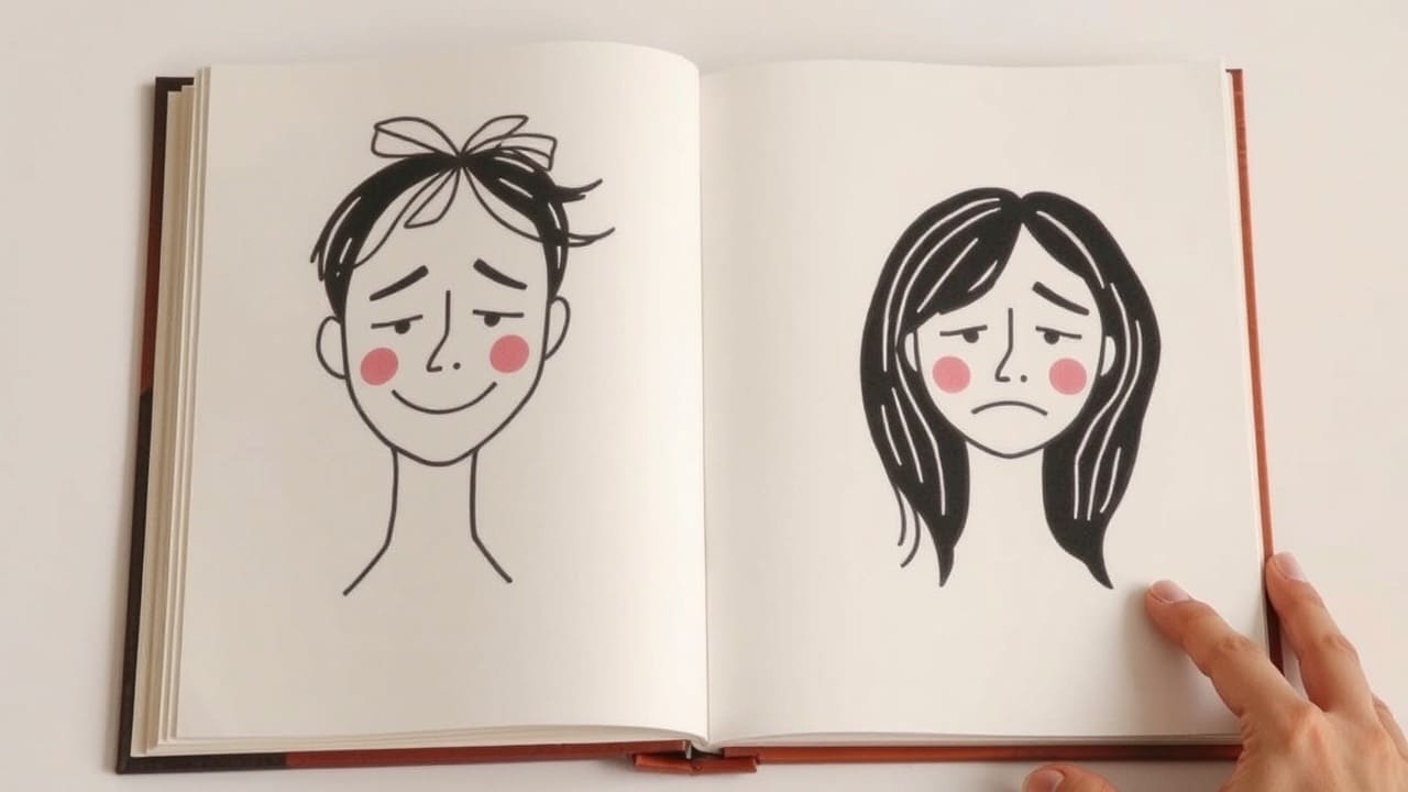 Un libro abierto muestra caras simples que expresan alegría tristeza y calma