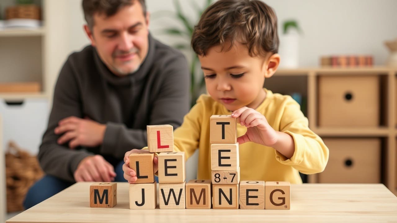 Un niño apila bloques de letras de madera en una mesa baja mientras un adulto mira cerca