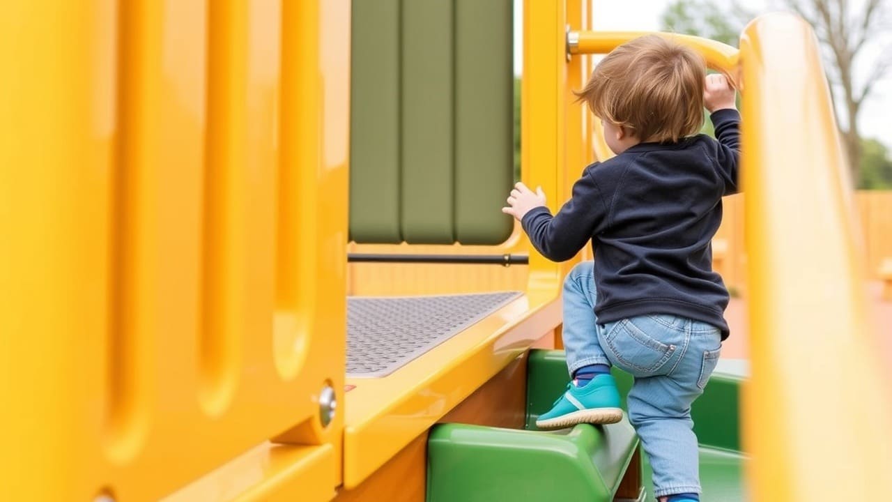 Un niño sube por las escaleras bajas del parque infantil solo mientras sujeta la barandilla