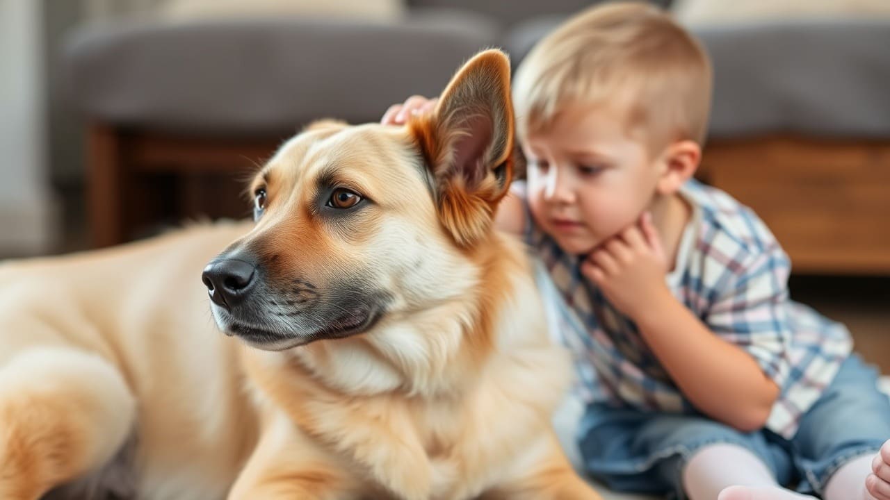 Un perro de la familia sentado tranquilo junto a un niño que lo acaricia en la cabeza