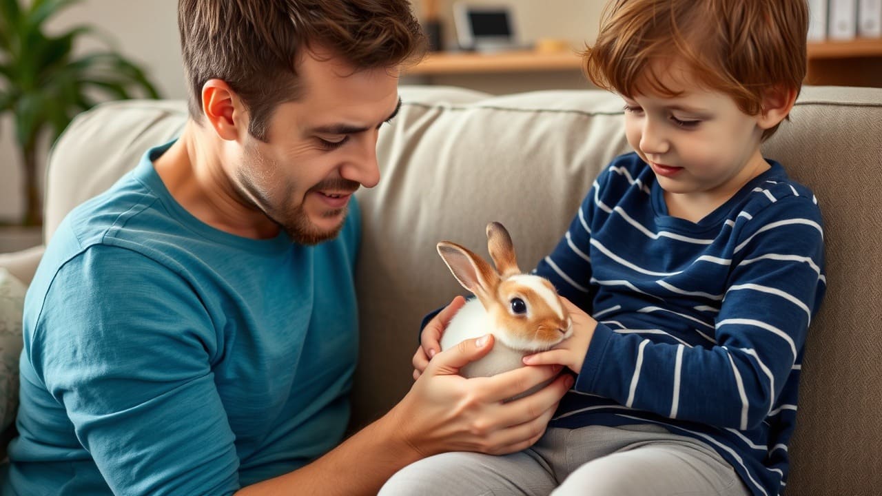 Un adulto mirando a un niño sostener con cuidado a un conejo en un sofá