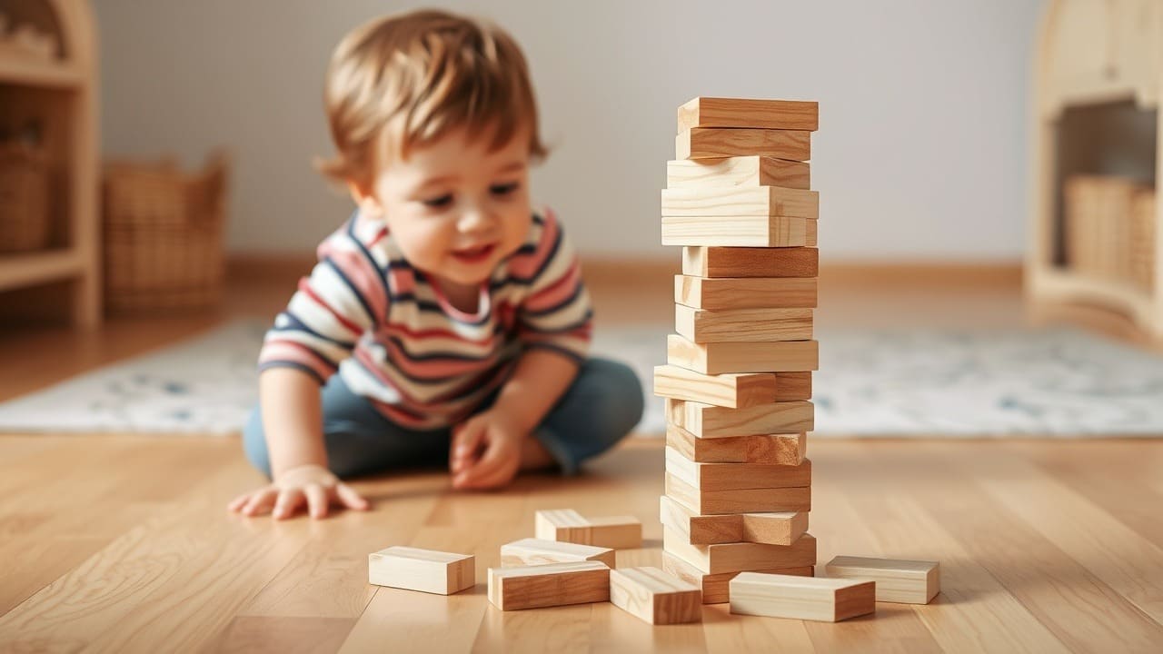 Un niño apilando bloques de madera formando una torre alta en el suelo