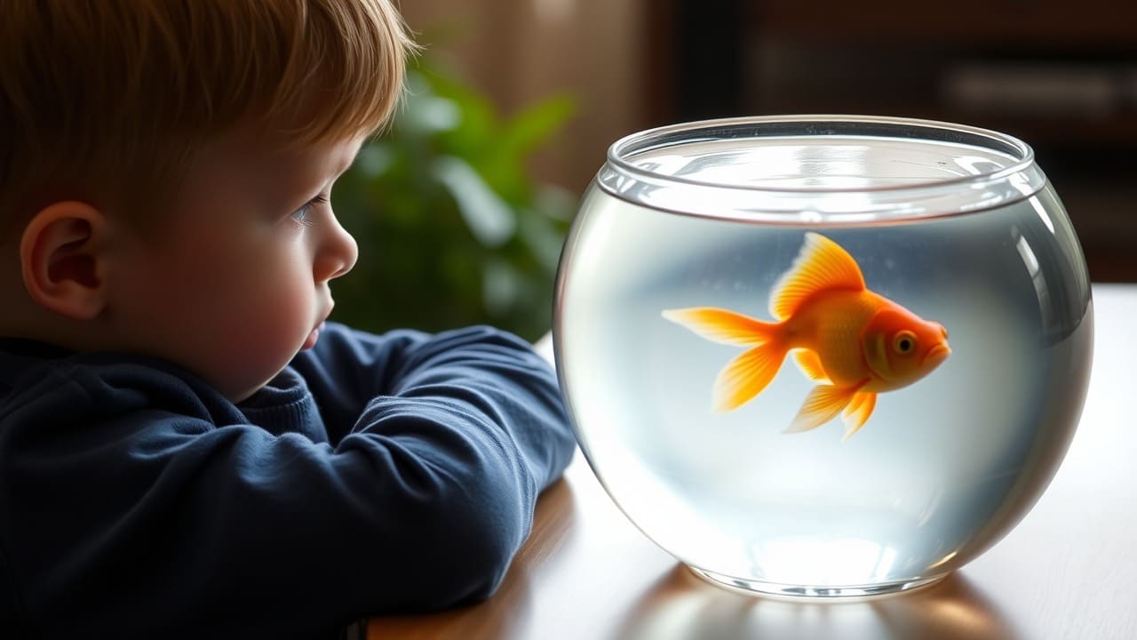 Un niño mira cómo nada un pez dorado en una pecera clara sobre una mesa.