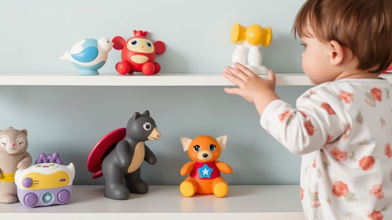 Niño eligiendo entre dos juguetes en una estantería baja.