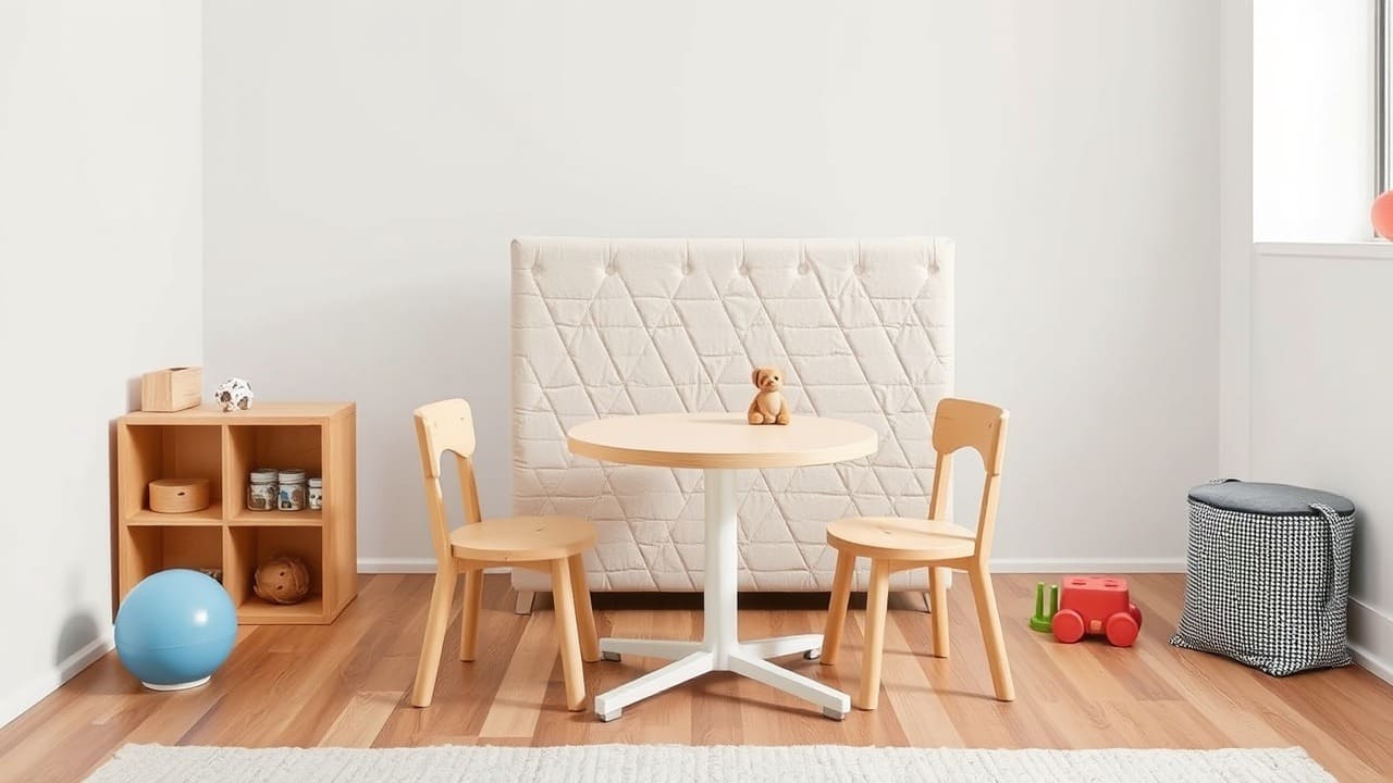 Una mesa pequeña con dos sillas y un divisor suave entre áreas de juego