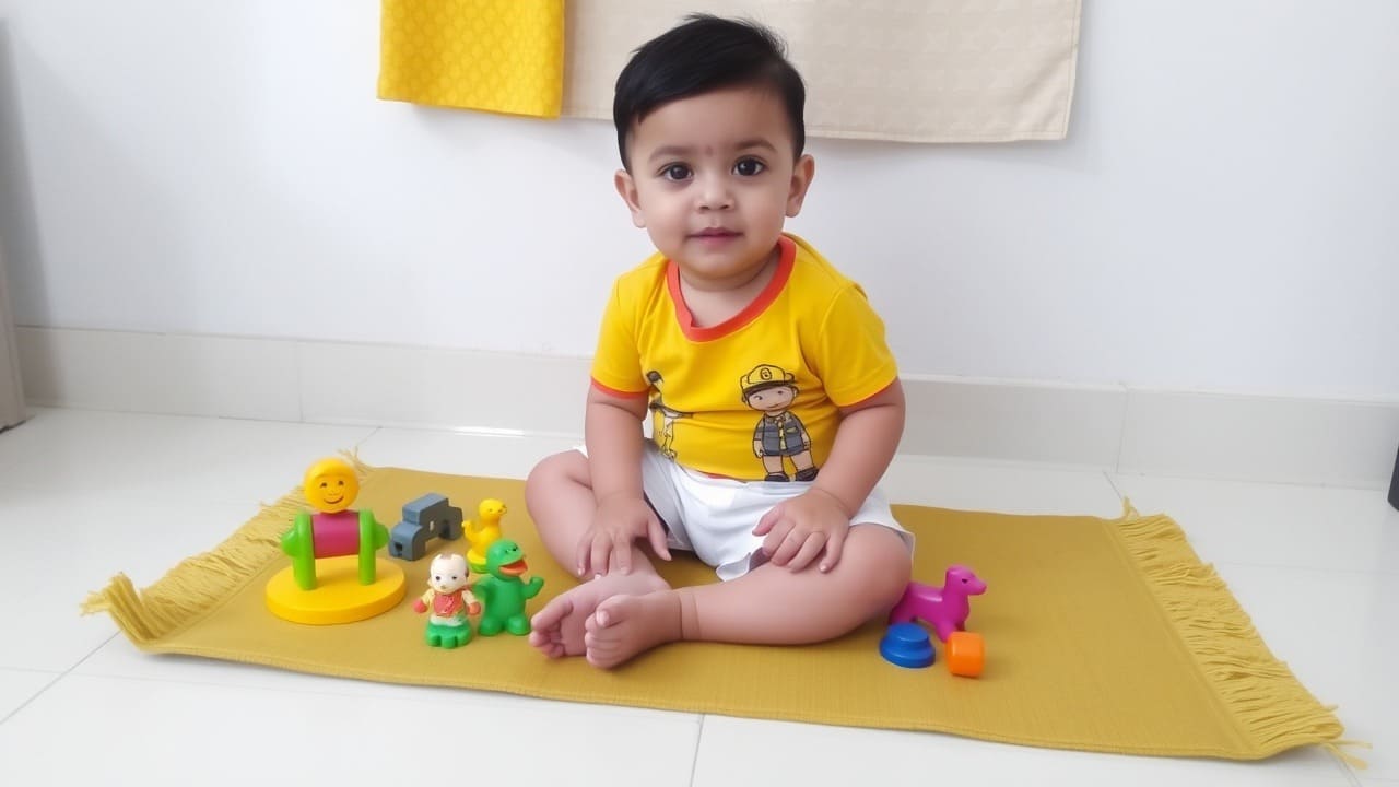 Un niño se sienta en una pequeña alfombra con juguetes colocados ordenadamente alrededor