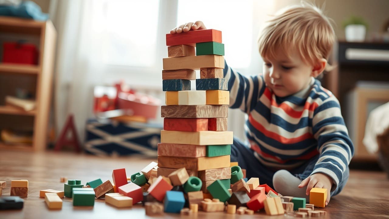 Un niño reconstruyendo una torre de bloques después de que se cayó