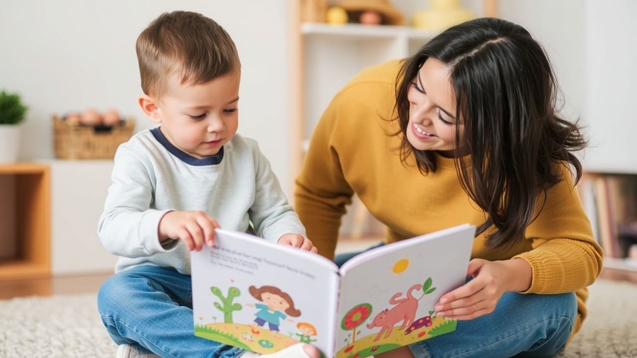 Un niño y un adulto están sentados en el suelo leyendo juntos un libro de imágenes colorido
